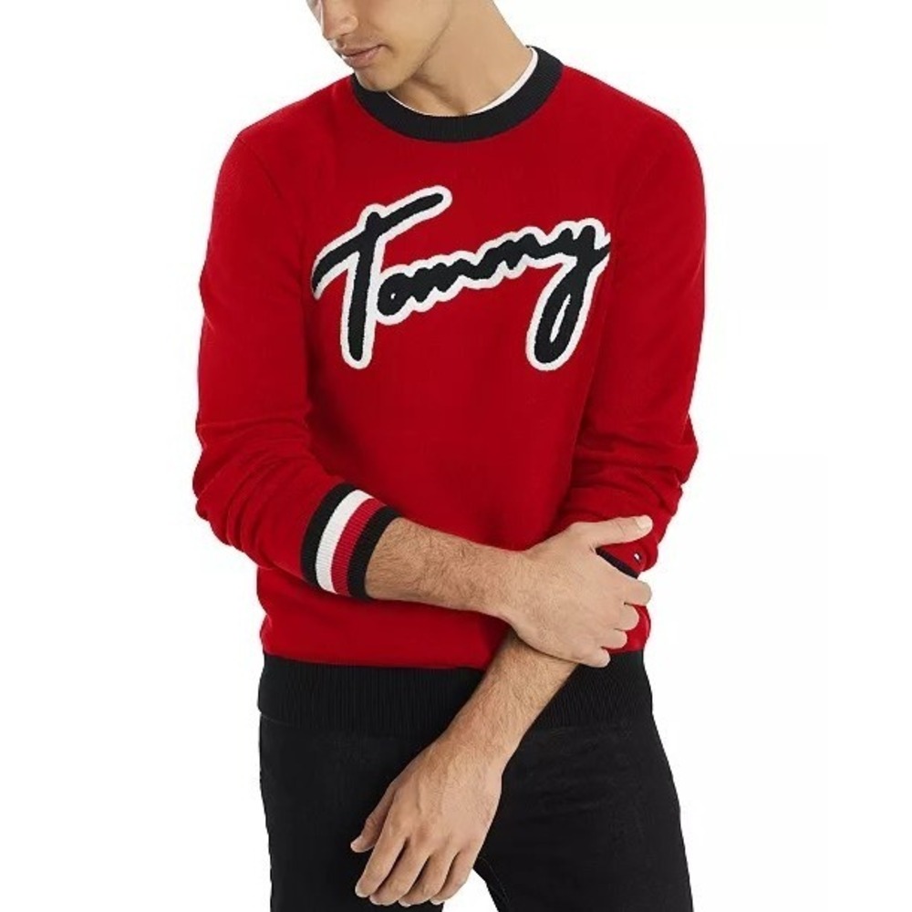 Tommy Hilfiger Red Navy‎ Blue Lawson Logo Preppy Classic Sweater Size XL Tall